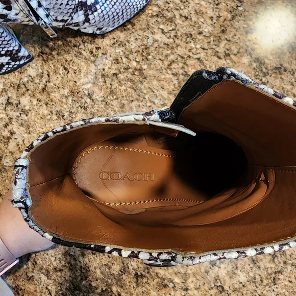 COACH "Elisa" Snakeskin-Printed Leather Heeled Boots - Black/Tan/White - Size 9 - Picture 7 of 13